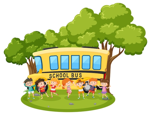 Children outdoor scene with school bus isolated