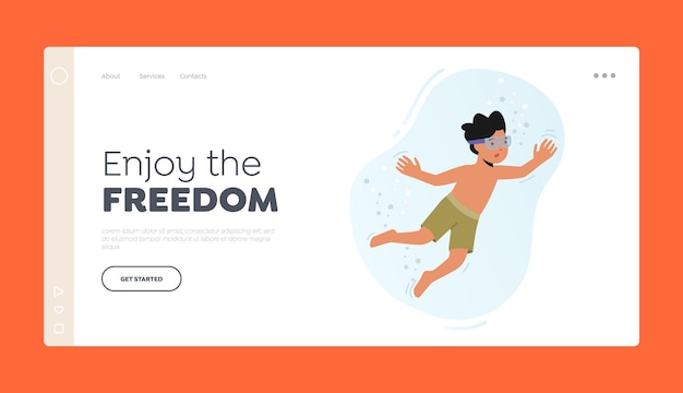 Children Outdoor Summer Activities Landing Page Template Little Boy Swim in Sea Happy Child in Glasses Snorkeling