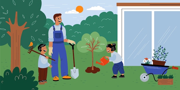 Children and parent planting Father with kids gardening Happy gardeners family takes care of garden Boy with rake or shovel Girl watering of tree plantings Garish vector concept