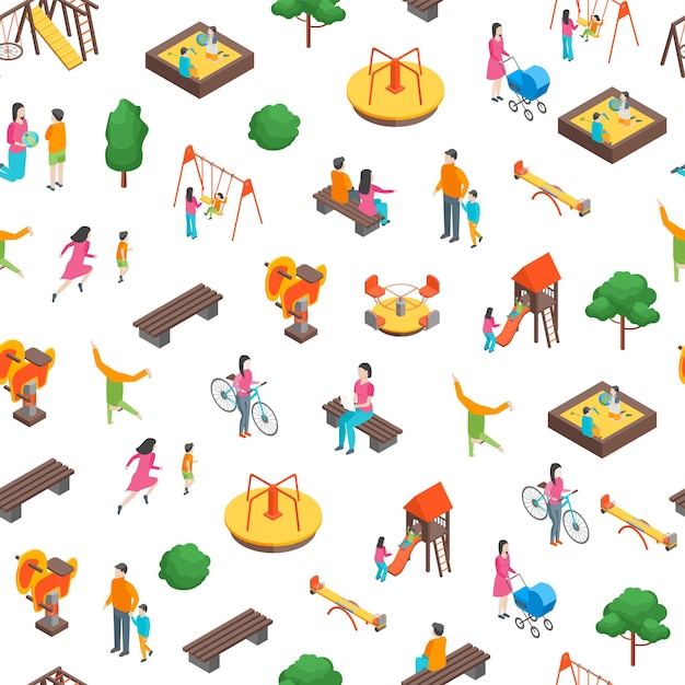 Vector children park concept seamless pattern background3d isometric view vector