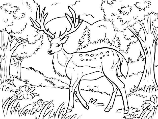 Children picture coloring book deer in the forest generative ai vector