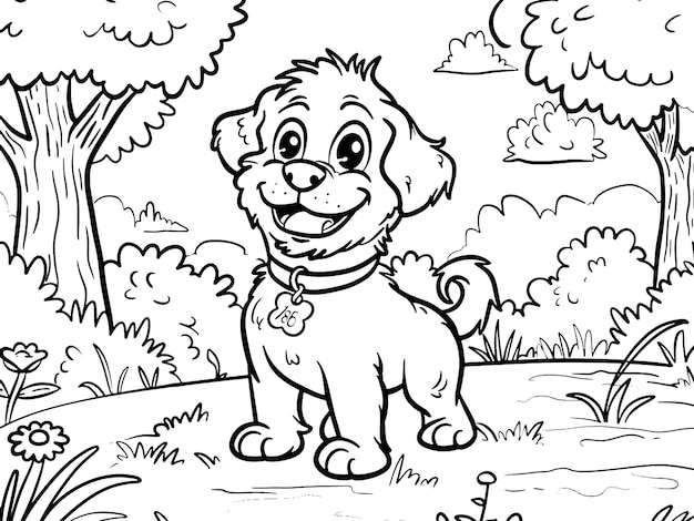 Children picture coloring book dog is walking in the park generative ai vector