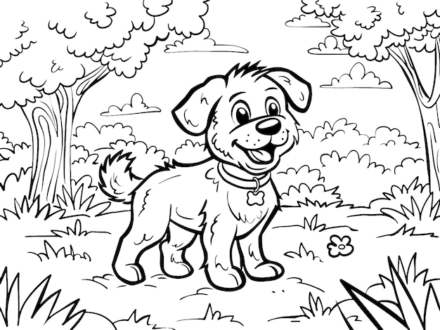 Children picture coloring book dog is walking in the park generative ai vector