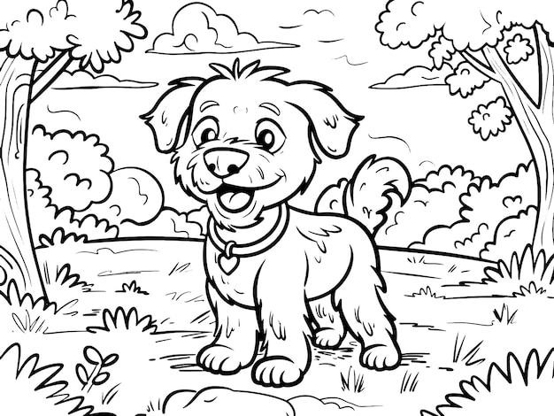 Children picture coloring book dog is walking in the park generative ai vector