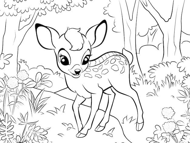 Children picture coloring book fawn in the forest generative ai vector