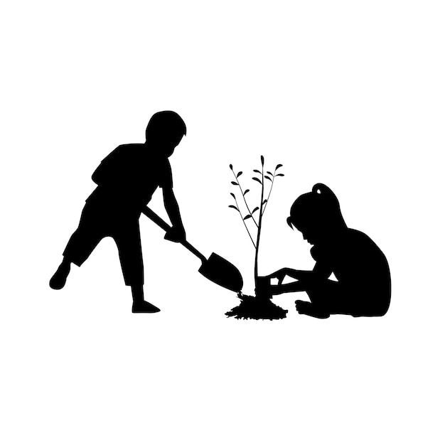 Children planting tree silhouette illustration