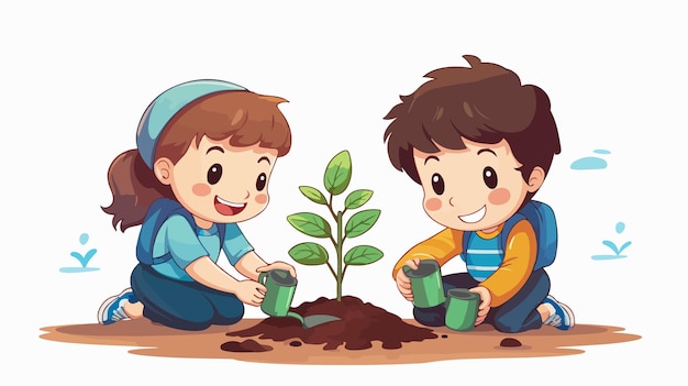 Children Planting and Watering Trees Vector Illustration