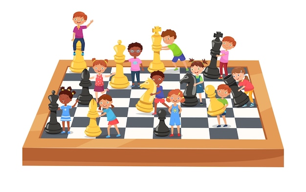 Children play giant chess Boys and girls play with bishop queen and knight figures on huge chessboard cartoon vector illustration