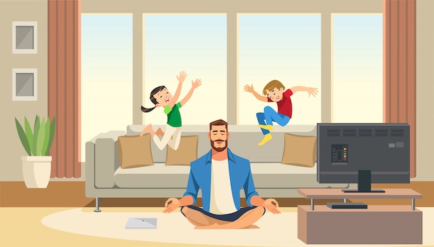 Children Play and Jump on Sofa Behind Calm and Relaxing Meditation Father