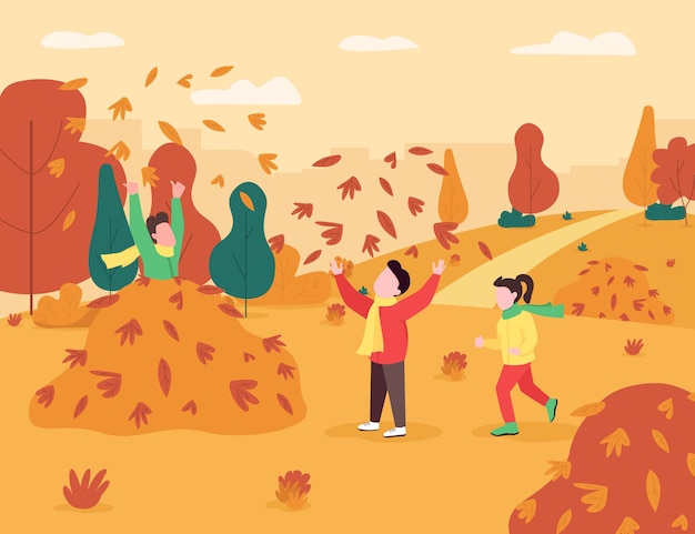 Children play in leaves pile semi flat illustration. Kids game in autumn season. Boy and girl spend time together in fall park. Preschoolers 2D cartoon characters for commercial use