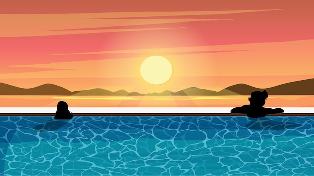 Children play in the outdoor infinity pool at sunset. Vector illustration