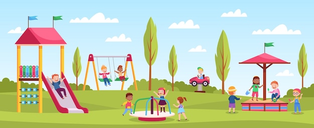 Children playground playing Happy girls and boys play playing area outdoor activities kindergarten games fun color rides Playing area with slide and swing Vector cartoon concept