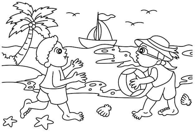 children playing ball on the beach coloring page or book for kids