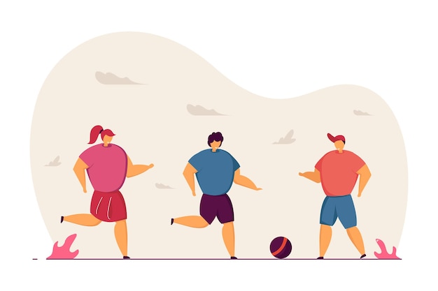 Children playing ball game outside together. Cartoon kids kicking ball, football flat vector illustration. Outdoor activity, sports, leisure concept for banner, website design or landing web page