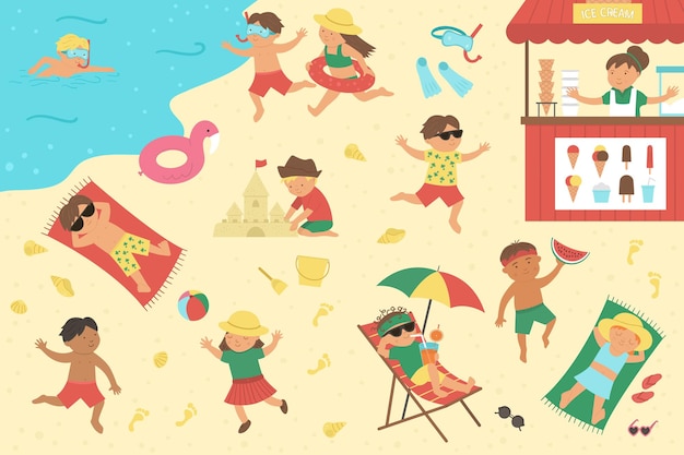 Vector children playing on the beach and doing summer activities