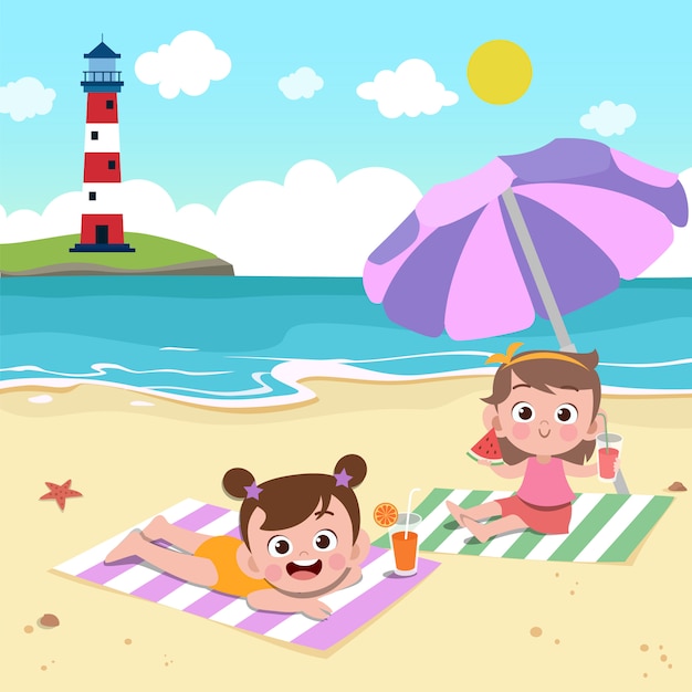 Children playing on the beach illustration