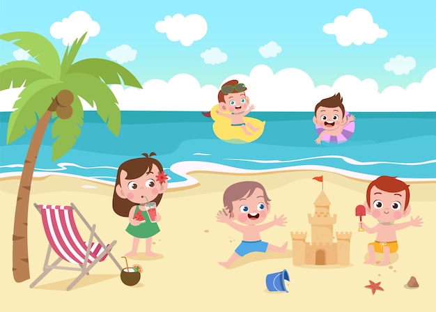 Children playing on the beach illustration