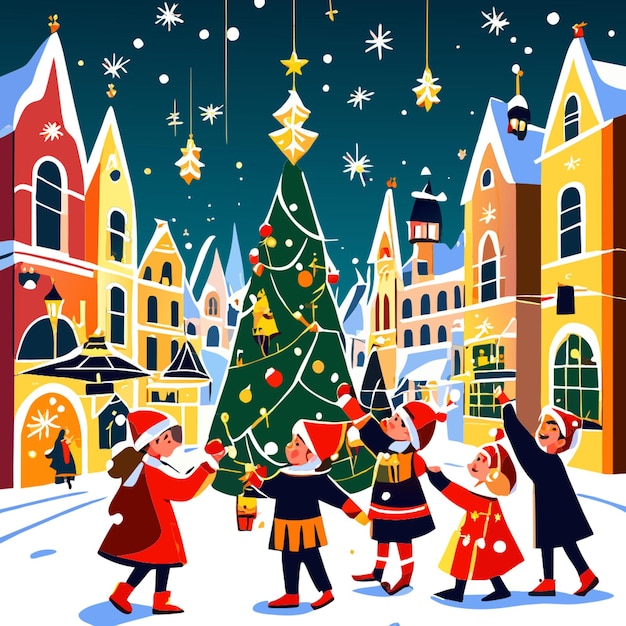 children playing under the christmas trees in old city vector illustration flat 2