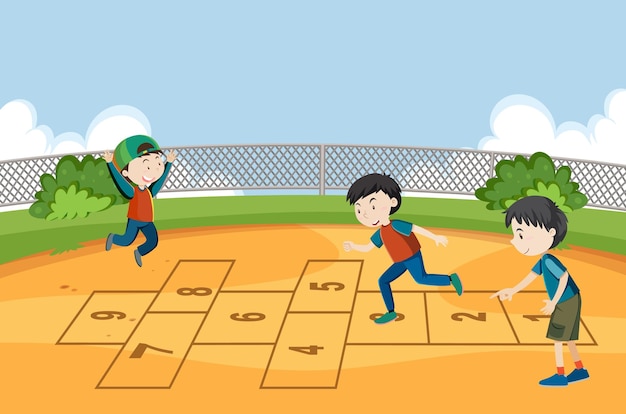 Children playing hopscotch game at the park