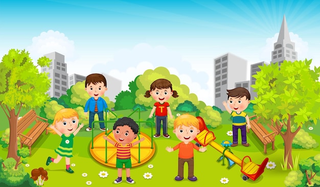 Children playing in the middle of the park against the backdrop of the city. Vector illustration