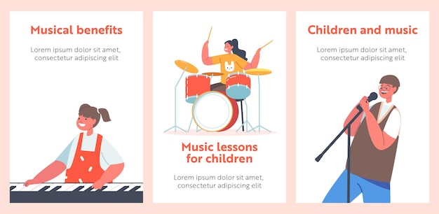 Children Playing Modern and Classic Instruments Banners Little Boys and Girls Artists Perform on Synthesizer Acoustic Guitar Maracas and Drums Kid Sing with Microphone Cartoon Vector Posters Set