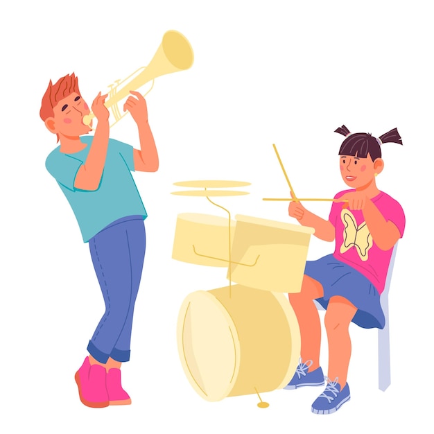 Children playing musical instruments flat vector illustration isolated on white background Boy plays trumpet and girl plays drums Children music education