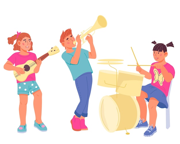 Children playing musical instruments school orchestra concert or music class flat vector