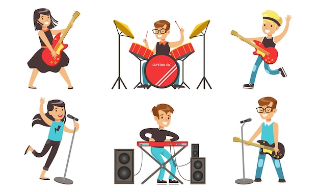 Children Playing Musical Instruments and Singing Teenage Boys and Girls Performing on Stage Vector Illustration