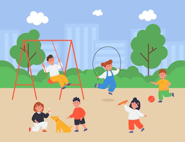 Children playing on playground flat vector illustration. Happy toddlers, preschoolers swinging on swings, feeding dog on backyard. Cute girls and boys playing football. Playtime, childhood concept