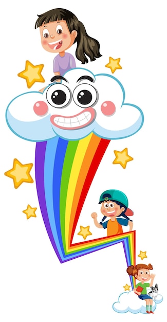 Children on rainbow in cartoon style