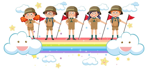 Children on rainbow in cartoon style