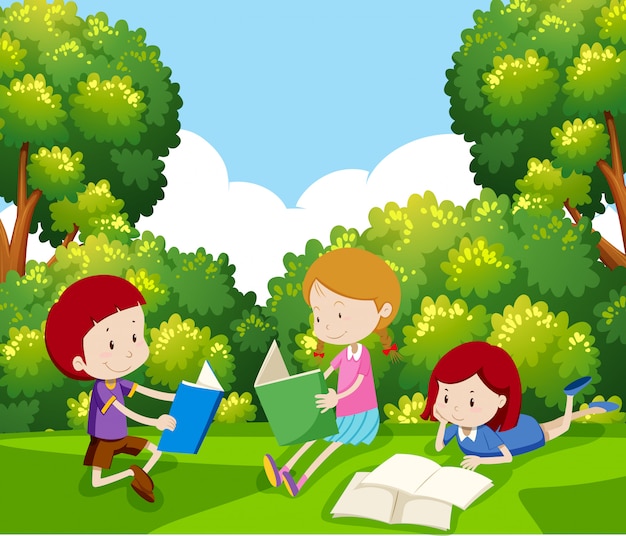 Children Reading a Book Under Tree