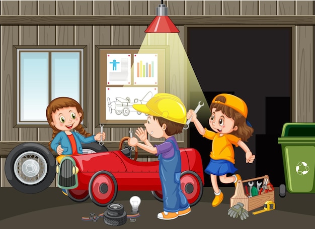 Children repairing a car together in the garage