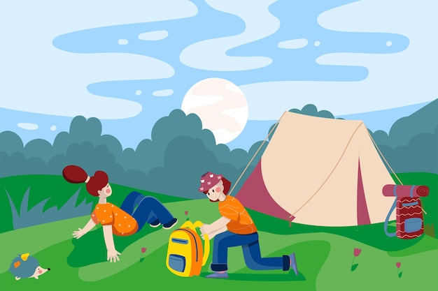 Children resting at summer camping in landscape background boy and girl spend time on lawn by