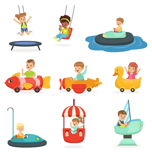 Children ride on attractions in the amusement park, set for  . Cartoon detailed colorful Illustrations