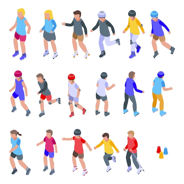 Children rollerblading icons set. Isometric set of children rollerblading  icons for web  