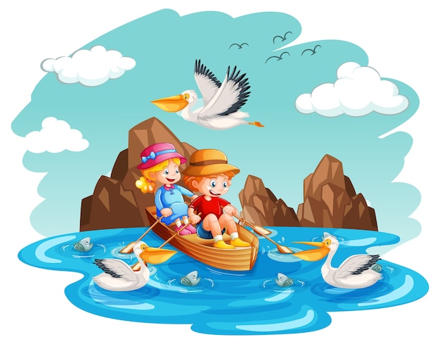 Children row the boat in the stream on white background