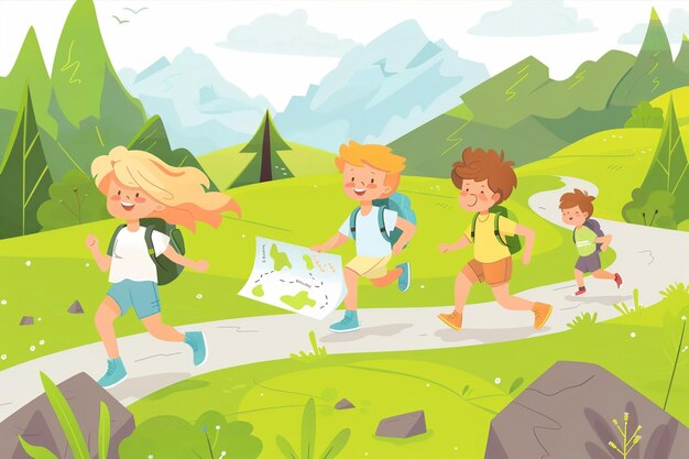 Vector children running with paper map