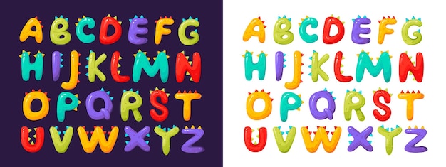 Children's alphabet, colorful and stylized font. Three-dimensional letters and numbers. Vector