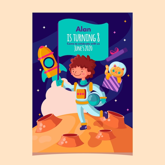 Children's birthday invitation template with astronaut and space