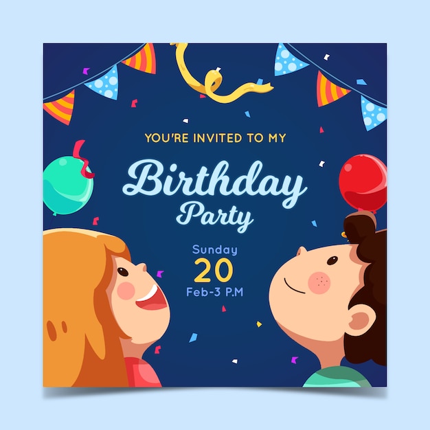 Children's birthday invitation template with cute characters