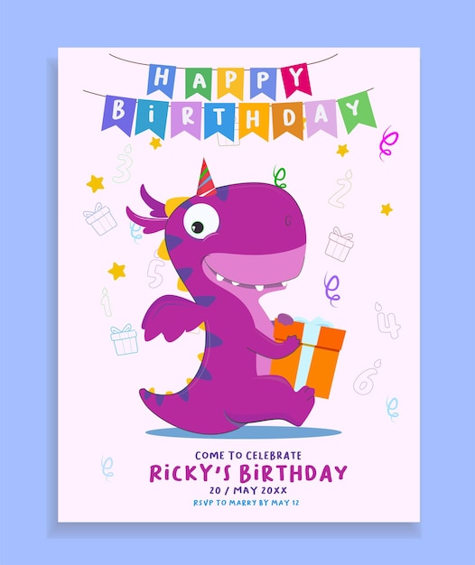 Children's birthday invitation template with cute dragon