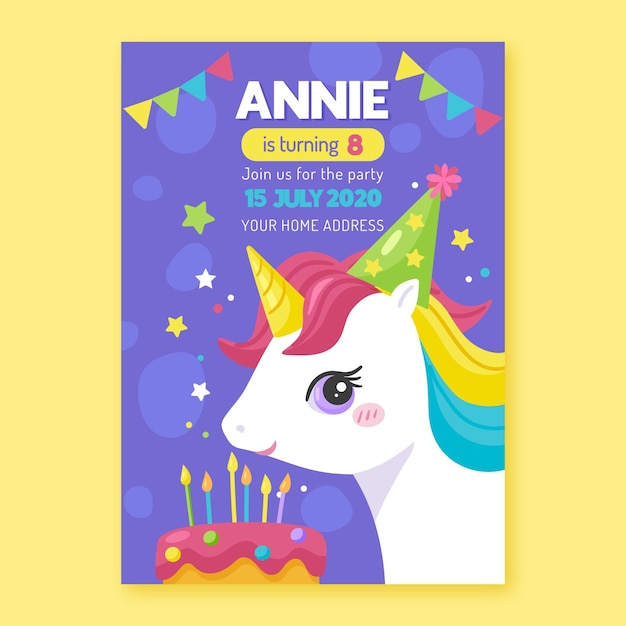 Children's birthday invitation template with unicorn