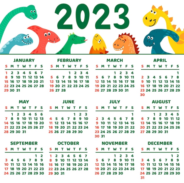 Children's calendar template for 2023 Bright design with abstract dinosaurs in a flat style Editable vector illustration set of 12 months with cover Week starts on Sunday