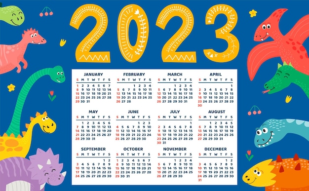 Children's calendar template for 2023 Bright horizontal design with abstract dinosaurs in a flat style Editable vector illustration set of 12 months with cover Week starts on Sunday