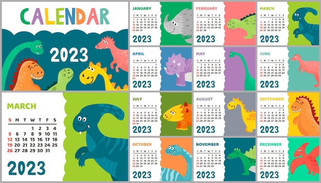 Children's calendar template for 2023 Bright vertical design with abstract dinosaurs in a flat style Editable vector illustration set of 12 months with cover Week starts on Sunday