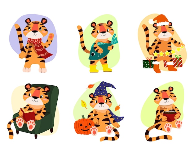 Children's character vector illustration Set of a cute little tiger in cartoon style