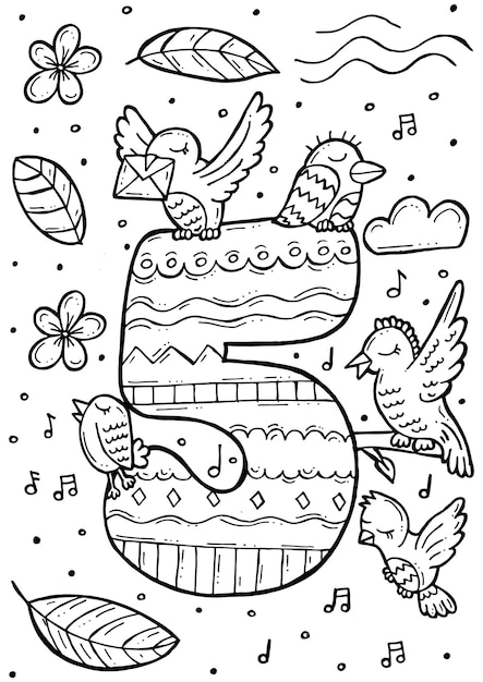 Children's coloring book. Hand-drawn doodle vector illustration with numbers and animals. Five birds.