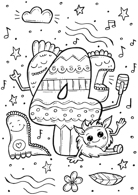 Children's coloring book. Hand-drawn doodle vector illustration with numbers and animals. Four monsters.