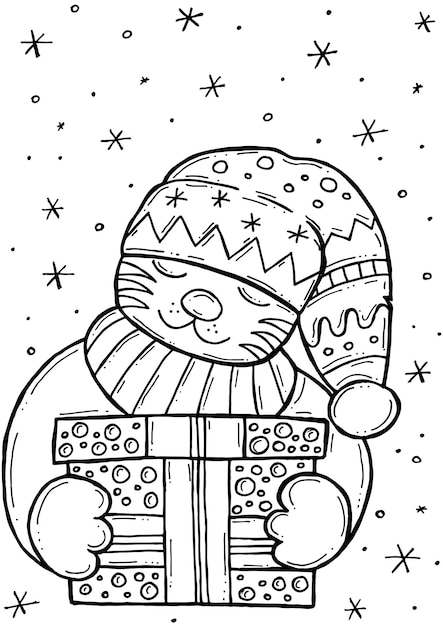 Children's coloring book. Hand-drawn doodle winter vector illustration. Merry Christmas.